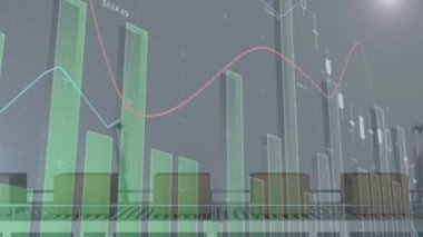 Animation of financial data processing over boxes on conveyor belt. Global shipping, business and data processing concept digitally generated video.