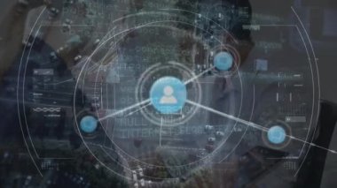 Animation of viewfinder, connections, data, road traffic and caucasian businesspeople. Data processing, communication and connections concept digitally generated video.