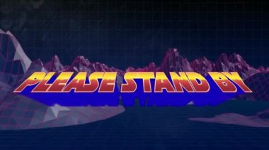 Animation of please stand by over metaverse landscape on black background. video games, communication and entertainment concept digitally generated video.