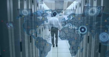 Animation of data processing over world map against caucasian male engineer walking in server room. Computer interface and business data storage technology concept