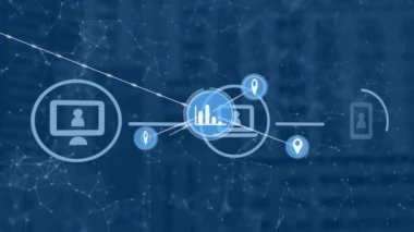 Şehir manzarası üzerindeki simgelerle bağlantı ağının animasyonu. Dijital olarak oluşturulmuş küresel bağlantılar, bilgisayar ve dijital arayüz kavramı.