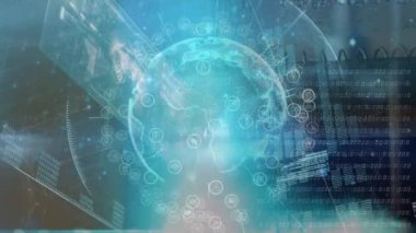 Animation of financial data processing against globe on computer graphic interface. Digital composite, artificial intelligence, global communication, cloud computing, development, futuristic, coding.