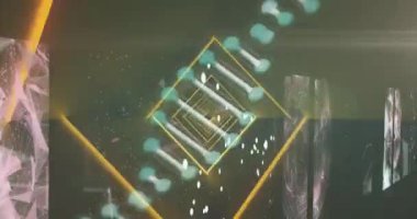 Animation of glowing qr code over dna strand and orange neon lights. Global communication, data and digital interface concept digitally generated video.