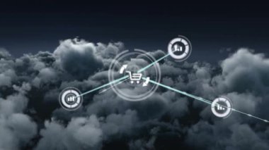 Animation of network of connections over sky with clouds. Global cloud computing, connections and data processing concept digitally generated video.
