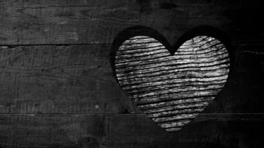 Animation of heart shape cut in wood, with moving wood grain pattern, black and white. Nature and love, retro monochrome abstract background concept digitally generated video.