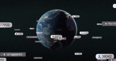 Animation of social media notifications processing data over globe in night sky. Global communication, social media, data and digital interface concept digitally generated video.