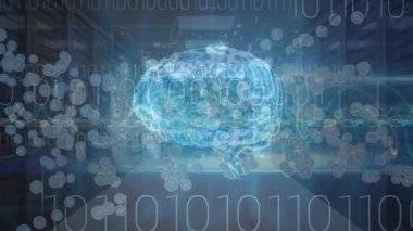 Animation of icons, binary code and brain over servers. Computers, data processing, science, human biology and technology concept digitally generated video.