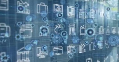 Animation of digital icons and multiple round scanners against computer server room. Computer interface and business data storage technology concept