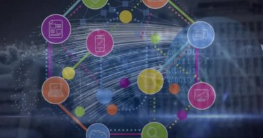 Animation of network of digital icons over clouds against light trails over globe on blue background. Global networking and business technology concept