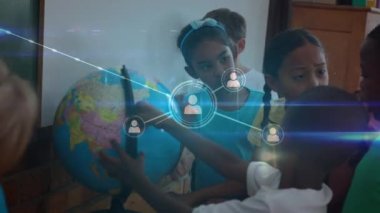 Animation of network of connections with icons over diverse pupils with globe at school. learning geography, education, connections and technology concept digitally generated video.