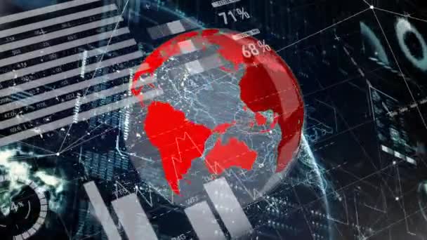 Animation Financial Data Processing Globe Red World Map Graphic Interface — Wideo stockowe