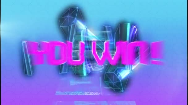 Animation You Win Text Pink Cluster Metallic Shapes Blue Background — Stock Video