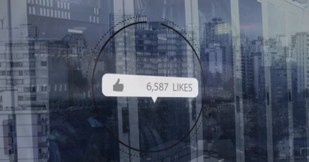 Animation Thumbs Sign Increasing Number Likes Amidst Circle Cityscape Digital — Stockvideo