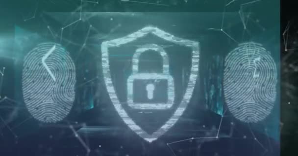 Animation Digital Shield Padlock Fingerprints Connections Binary Code Data Safety — Video Stock