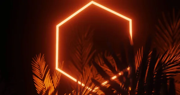 Image of leaves over orange neon hexagon on black background. Light, pattern and movement concept digitally generated image.