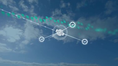 Animation of computer icons interconnecting with lines against blue sky. Hologram, digital composite, multiple exposure, graph, telecommunications, internet, futuristic and technology concept.