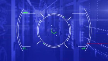 Animation of data processing and scope scanning over computer servers. Global computing and data processing concept digitally generated video.