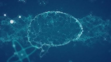 Animation of brain, dna, molecules with particles forming human head on computer graphic background. Digital composite, technology, biotechnology, ideas, science, futuristic, artificial intelligence.