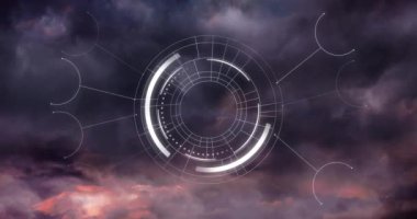 Animation of round scanner spinning against thunder and dark clouds. Computer interface and business technology concept