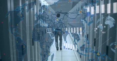 Animation of data processing over world map against caucasian male engineer walking in server room. Computer interface and business data storage technology concept