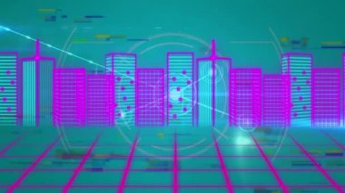 Animation of 3d neon urban financial city on grids with network connecting dots on digital interface. Digital composite, technology, artificial intelligence, connection, architecture, development.