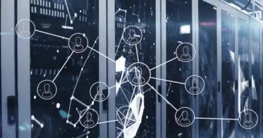 Animation of people icons and data processing over computer servers. Global networks, computing, data processing and digital interface concept digitally generated video.