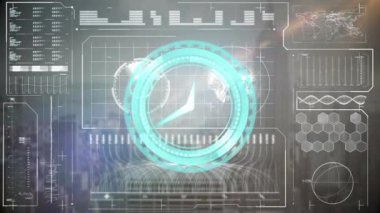 Animation of scope scanning with clock over data processing and cityscape. global technology, computing and digital interface concept digitally generated video.