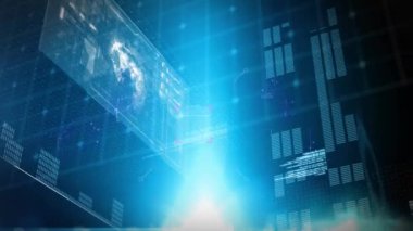 Animation of qr code scanner and multiple screens with data processing against blue background. Computer interface and business technology concept