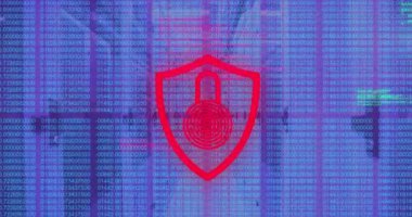 Animation of data processing and biometric fingerprint padlock over computer servers. Internet security,connections, computing, digital interface and data processing concept digitally generated video.