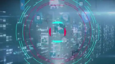 Animation of circles zooming on media icons with data processing on digital interface. Digital composite, data, technology, artificial intelligence, cloud computing, communication, social media.