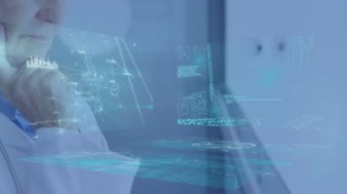 Animation of digital interface with data and charts over thoughtful female caucasian doctor. Digital composite, hologram, medical, healthcare, infographic, futuristic and technology concept.