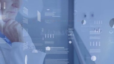 Animation of hud infographic interface over caucasian female doctor thinking and looking away. Digital composite, hologram, medical, healthcare, futuristic, data and technology concept.