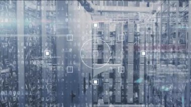 Animation of binary coding data processing against computer server room. Computer interface and business data storage technology concept