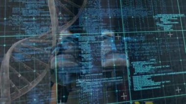 Animation of screen with scientific data and dna over legs of caucasian man training at gym. Sport, fitness and biological function monitoring concept digitally generated video.