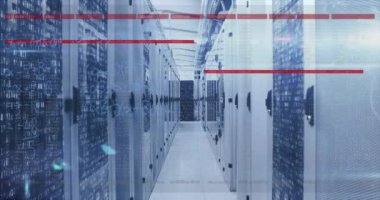 Animation of data processing over server room. Global business finances and digital interface concept digitally generated video.