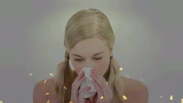 Animation Golden Confetti Falling Caucasian Sick Woman Tissue Blowing Her — Video Stock