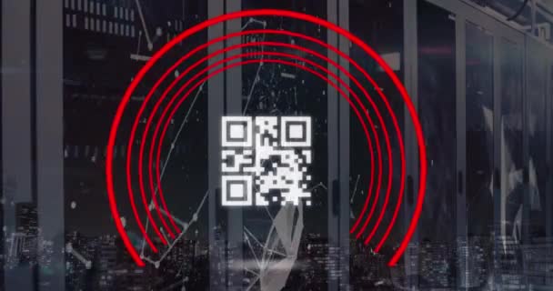 Animation Red Semi Circles Code Network Connection Cityscape Digital Composite — Wideo stockowe