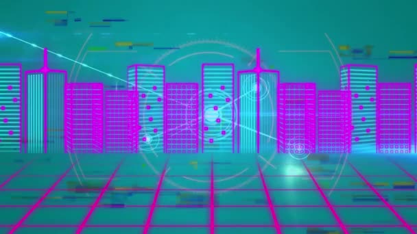 Animation Neon Urban Financial City Grids Network Connecting Dots Digital — Stock videók