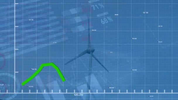 Animation Statistics Financial Data Processing Green Line Wind Turbine Countryside — Vídeos de Stock