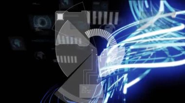 Animation of data with graphs, neon light beams with hud processing on digital interface. Digital composite, artificial intelligence, communication, cloud computing, technology, futuristic.