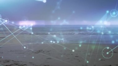 Animation of network lines connecting dots against young caucasian woman running at beach. Digital composite, multiple exposure, connect the dots, wellbeing, fitness, healthy lifestyle.