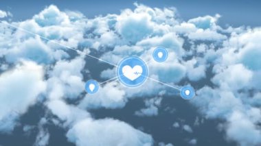 Animation of network of health and idea icons exchanging data over blue cloudy sky. Global communication, health, invention and data sharing concept digitally generated video.