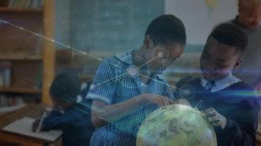 Animation of network of connections with icons over african american pupils with globe at school. learning geography, education, connections and technology concept digitally generated video.