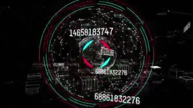 Animation of network connecting dots, globe, hud, numbers, 3d urban city on digital interface. Digital composite, technology, artificial intelligence, connection, architecture, development, finance.