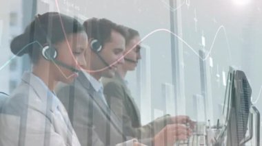 Animation of financial data processing over diverse business people using phone headsets. Global customer service, data processing, digital interface and connections concept digitally generated video.