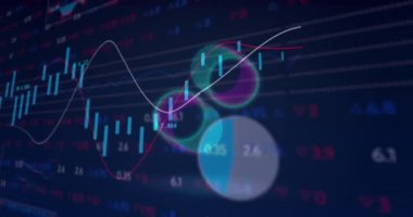 Animation of neon circles over financial data on navy background. Global network, finance, economy and technology concept digitally generated video.