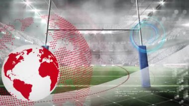 Animation of globe, scanner and communication network over rugby stadium pitch. Global communication, sport, competition and digital interface concept digitally generated video.