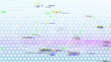 Animation of hud processing on blue hexagon patterned digital interface with glitch. Digital composite, illustration, art, culture and entertainment, creativity, futuristic, ideas, technology.