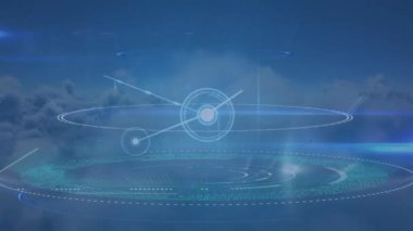 Animation of communication network exchanging and processing data over cloudy blue sky. Global communication, business, data and digital interface concept digitally generated video.