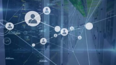 Animation of network of people icons and data processing over computer server room. Global communication, business, data and digital interface concept digitally generated video.